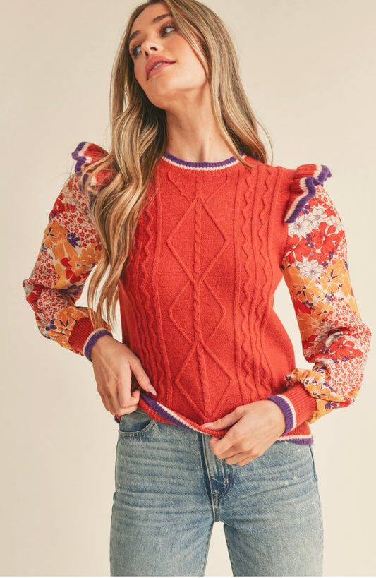 Cable knit sweater with woven floral sleeves