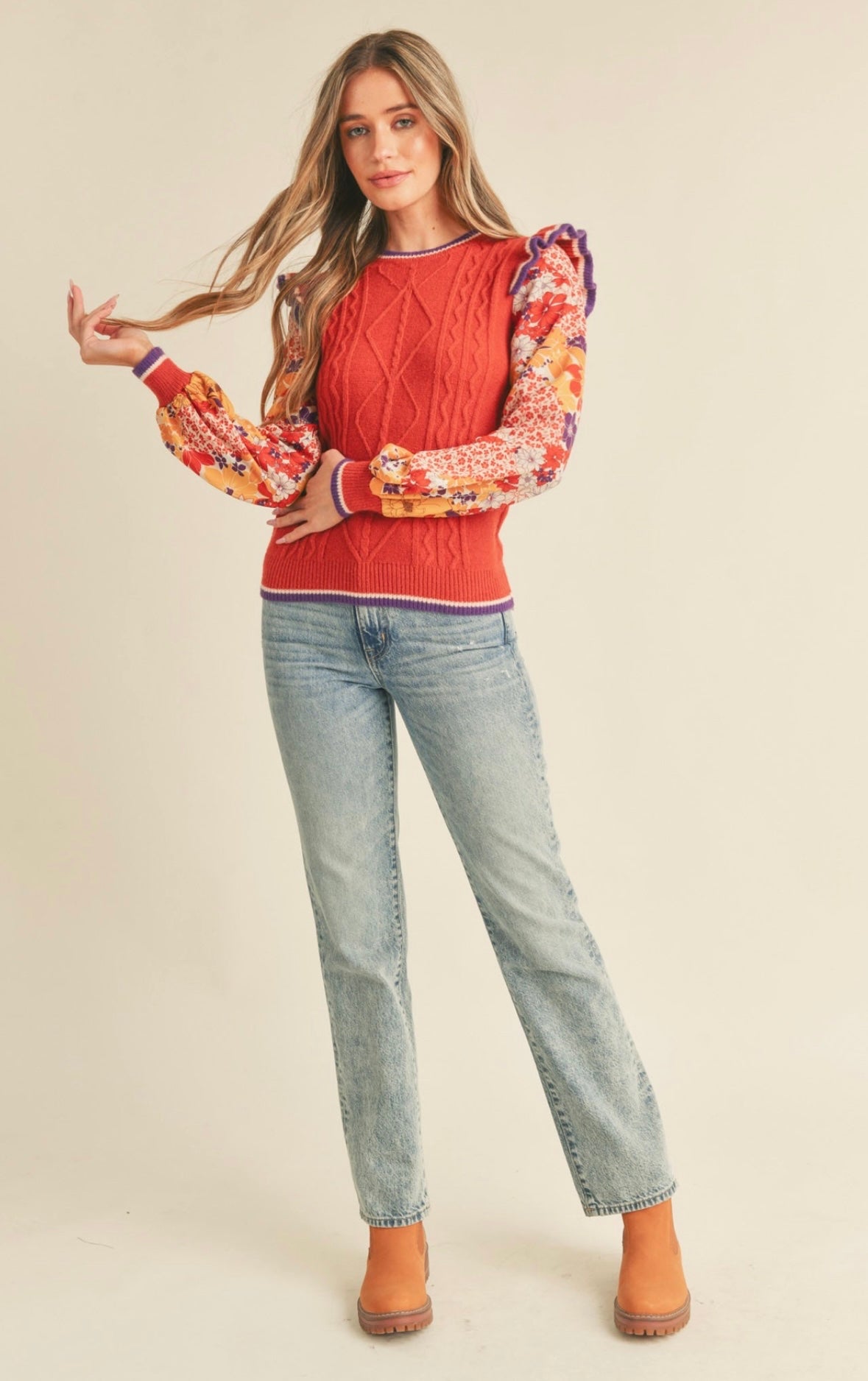 Cable knit sweater with woven floral sleeves
